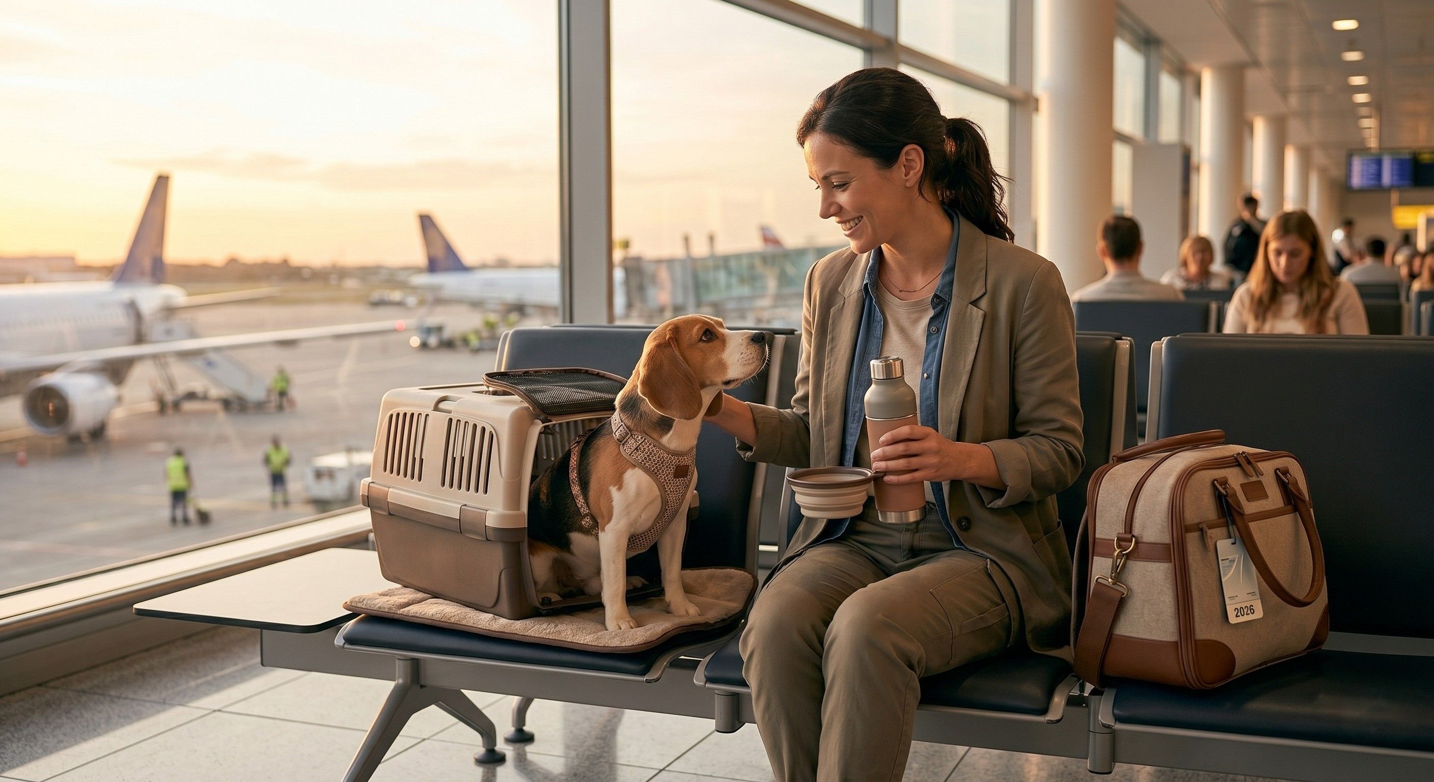 Petit chien dans une caisse de transport prêt pour un voyage en avion
