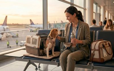 Petit chien dans une caisse de transport prêt pour un voyage en avion