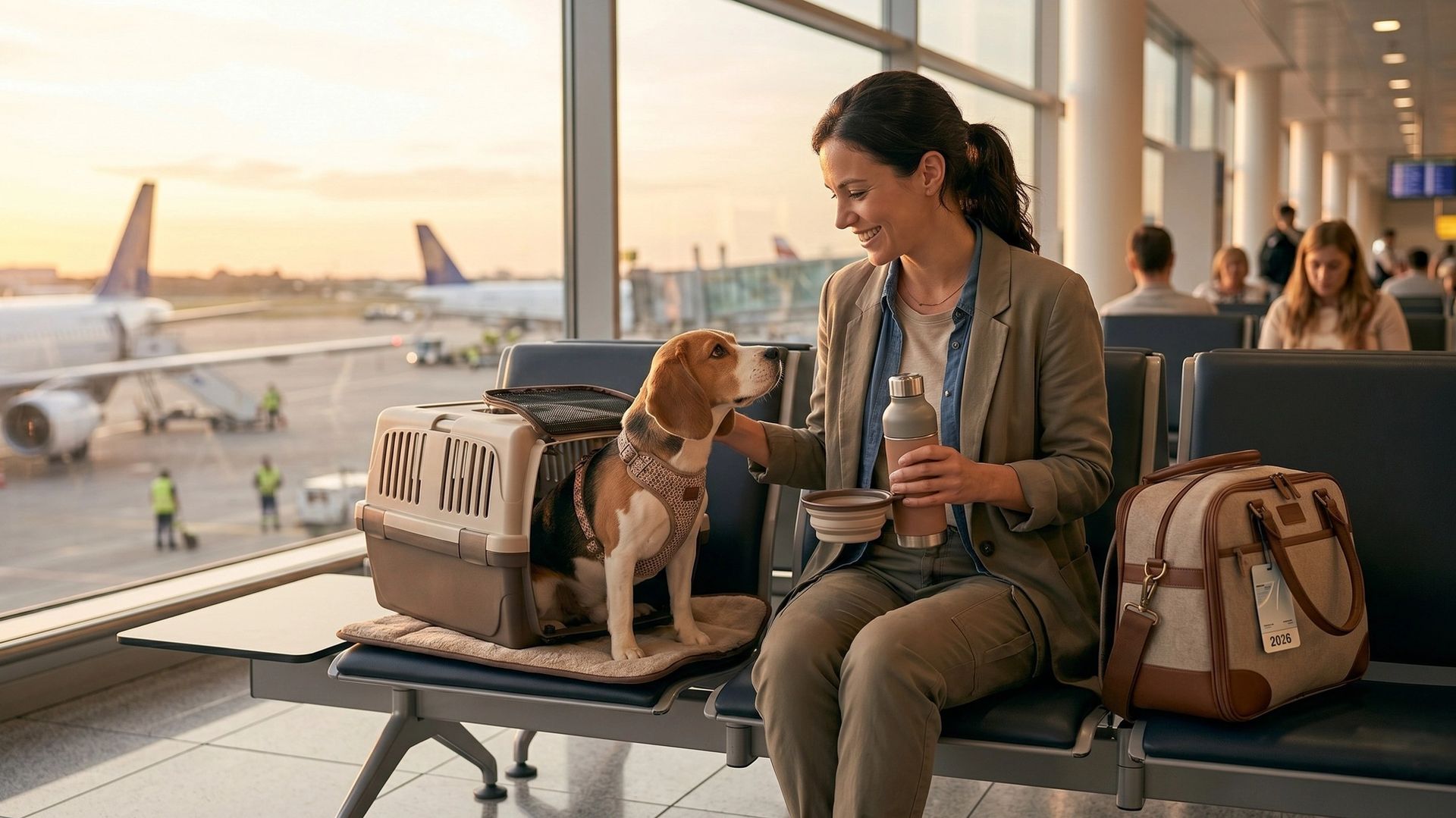Petit chien dans une caisse de transport prêt pour un voyage en avion