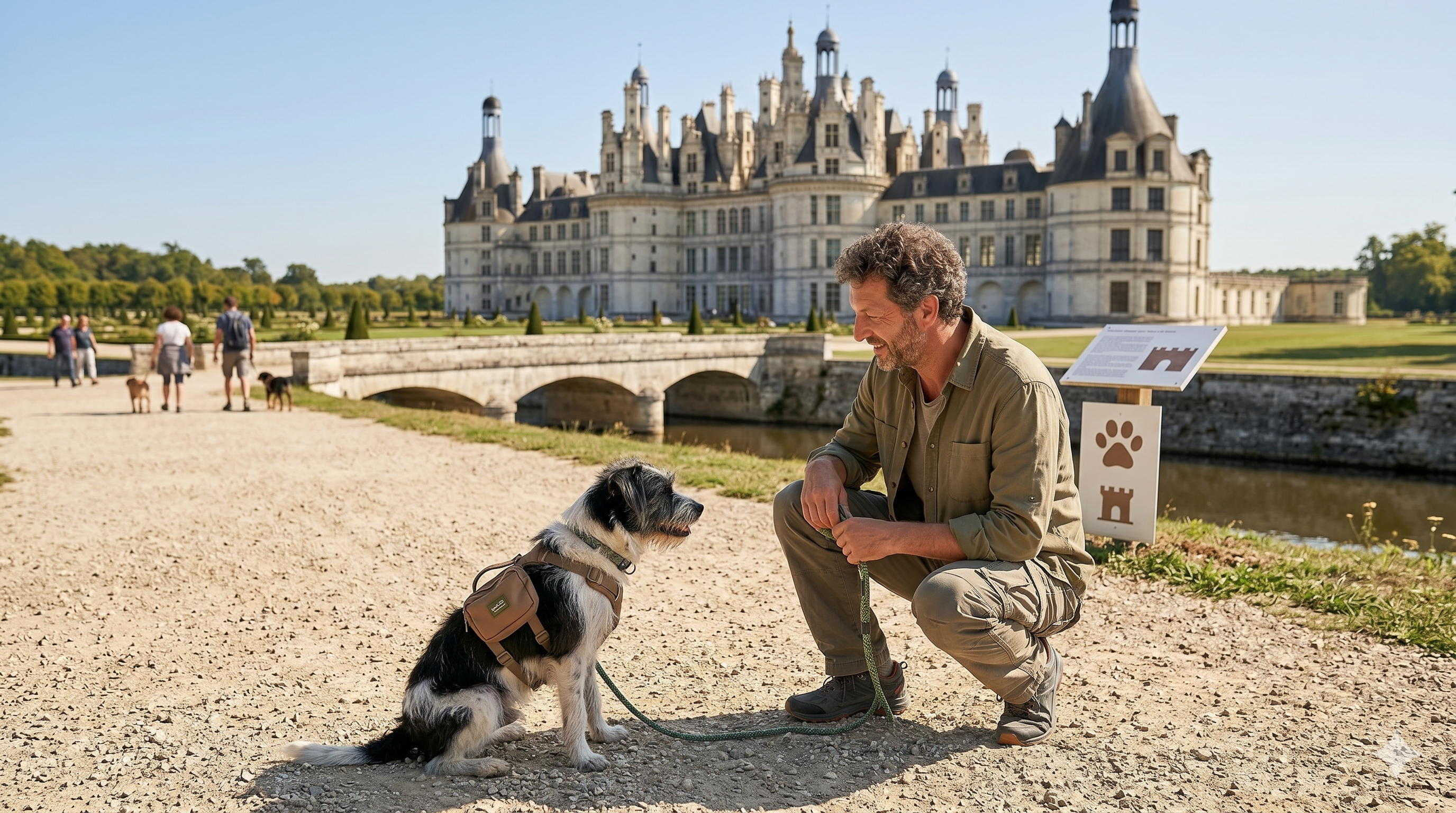 Chien et son maître devant un château en France