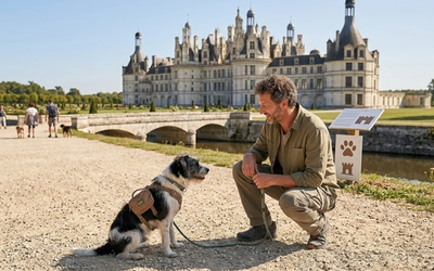 Chien et son maître devant un château en France