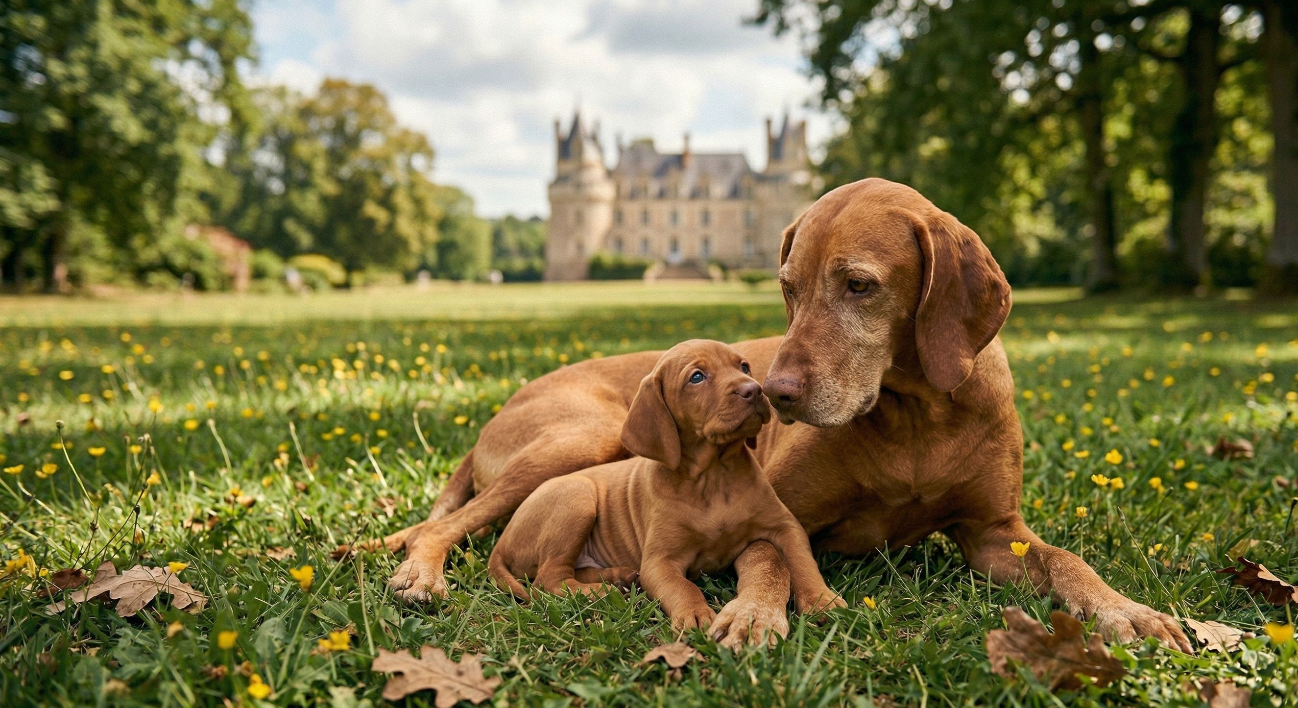 Chien et chiot dans l'herbe