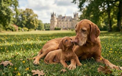 Chien et chiot dans l'herbe