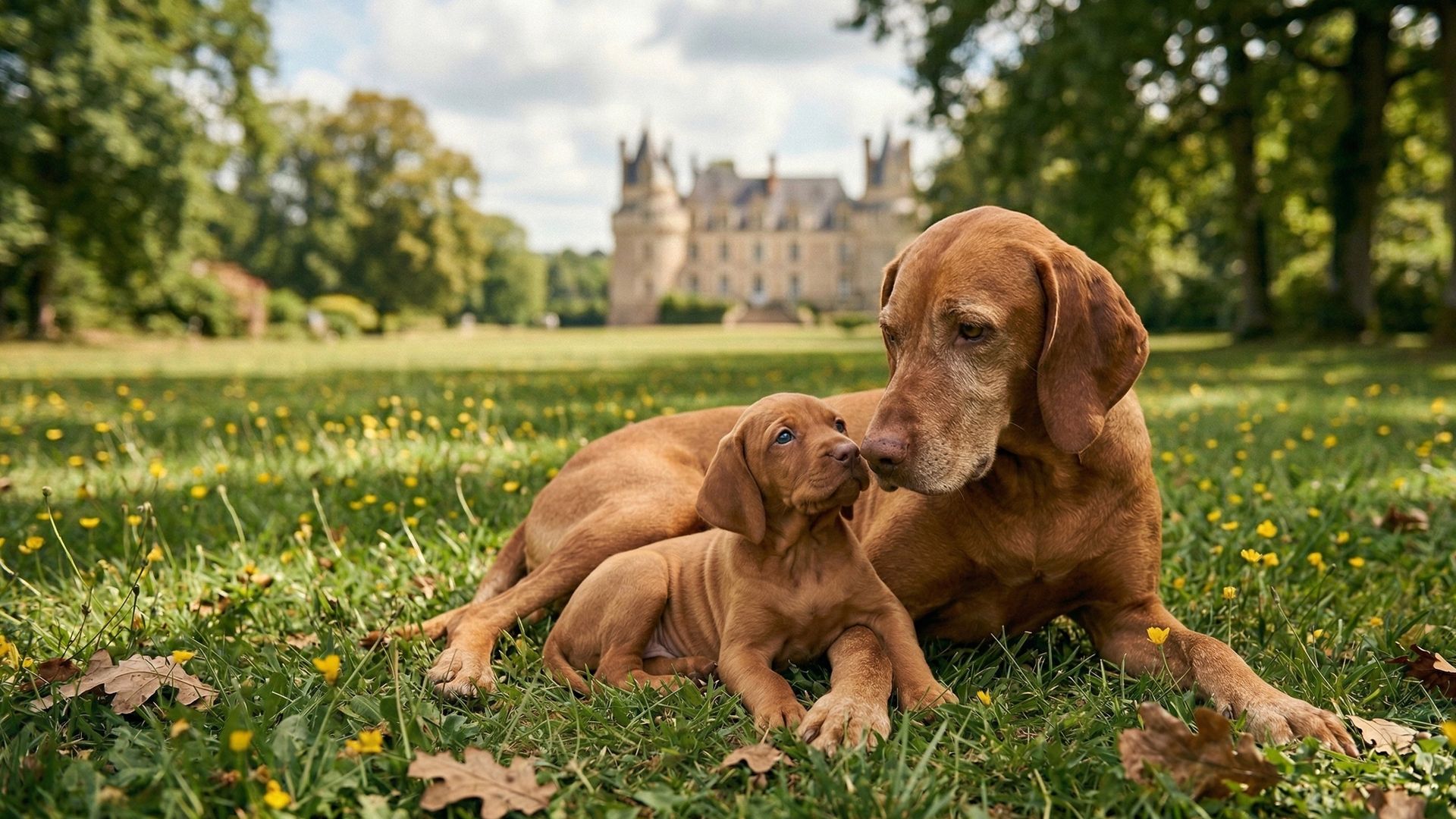 Chien et chiot dans l'herbe