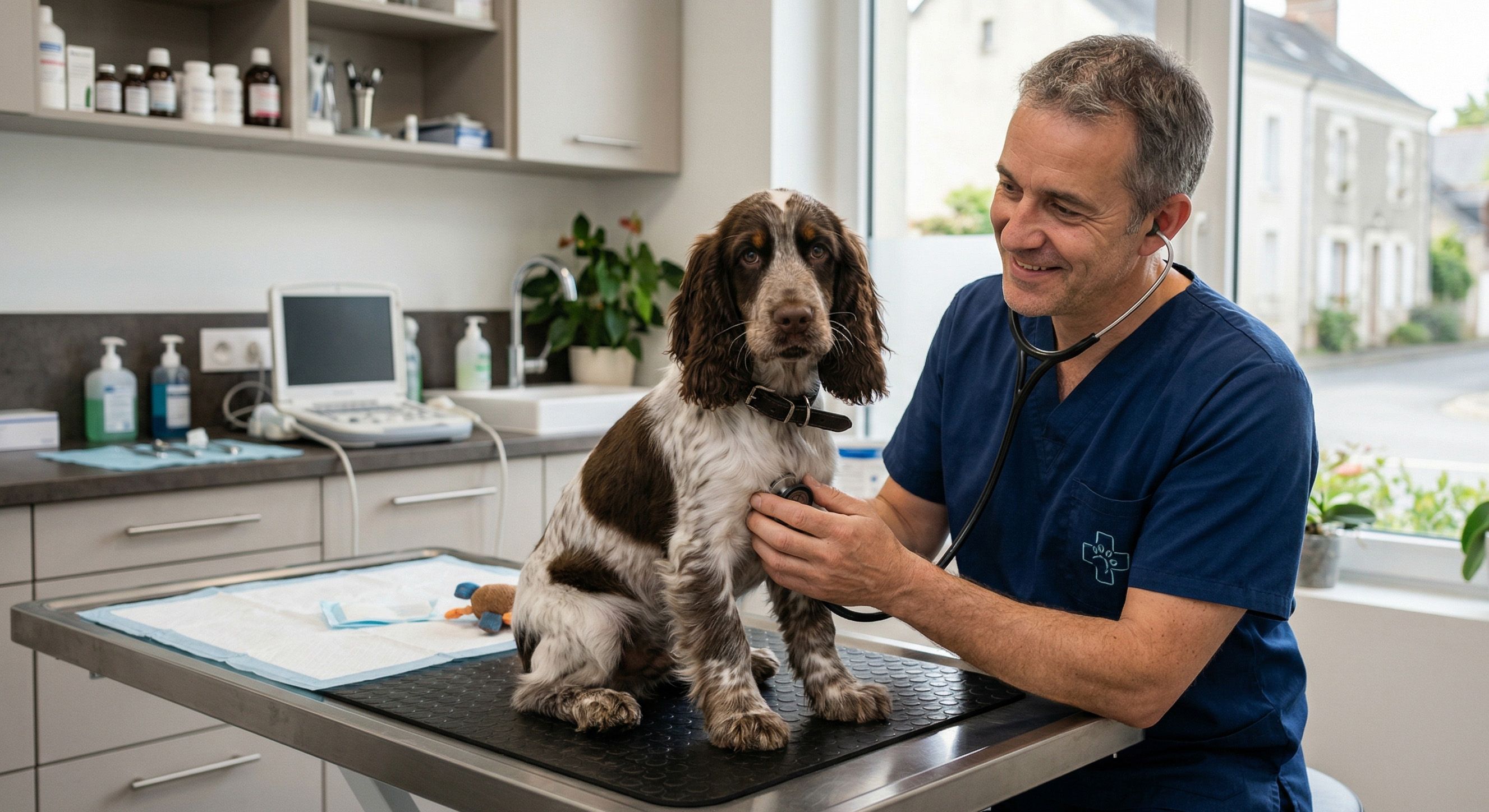 chien sur la table du vétérinaire