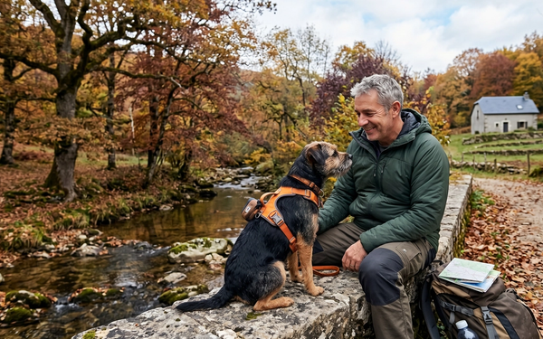 Chien et son maître se promenant en forêt automnale