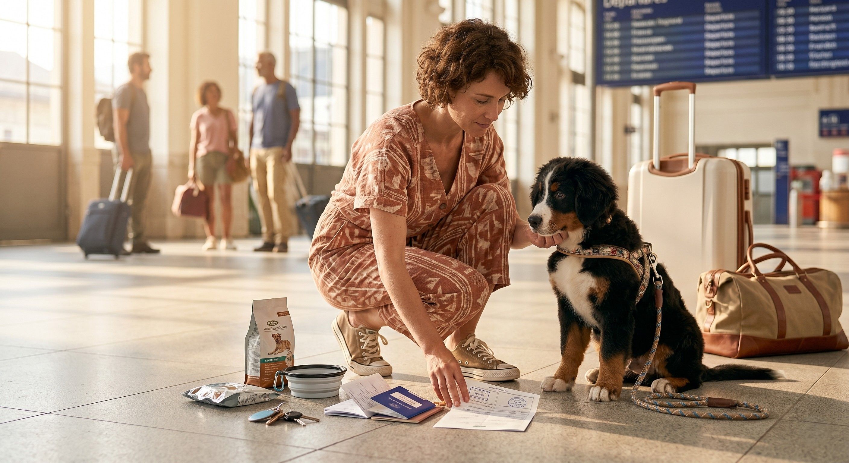 Maître avec son chien dans une gare et le passeport et documents pour voyager