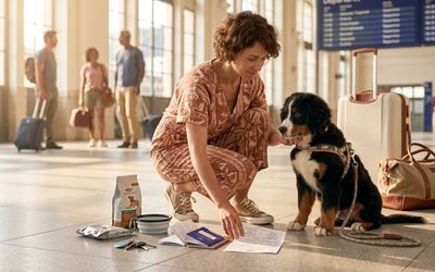 Maître avec son chien dans une gare et le passeport et documents pour voyager