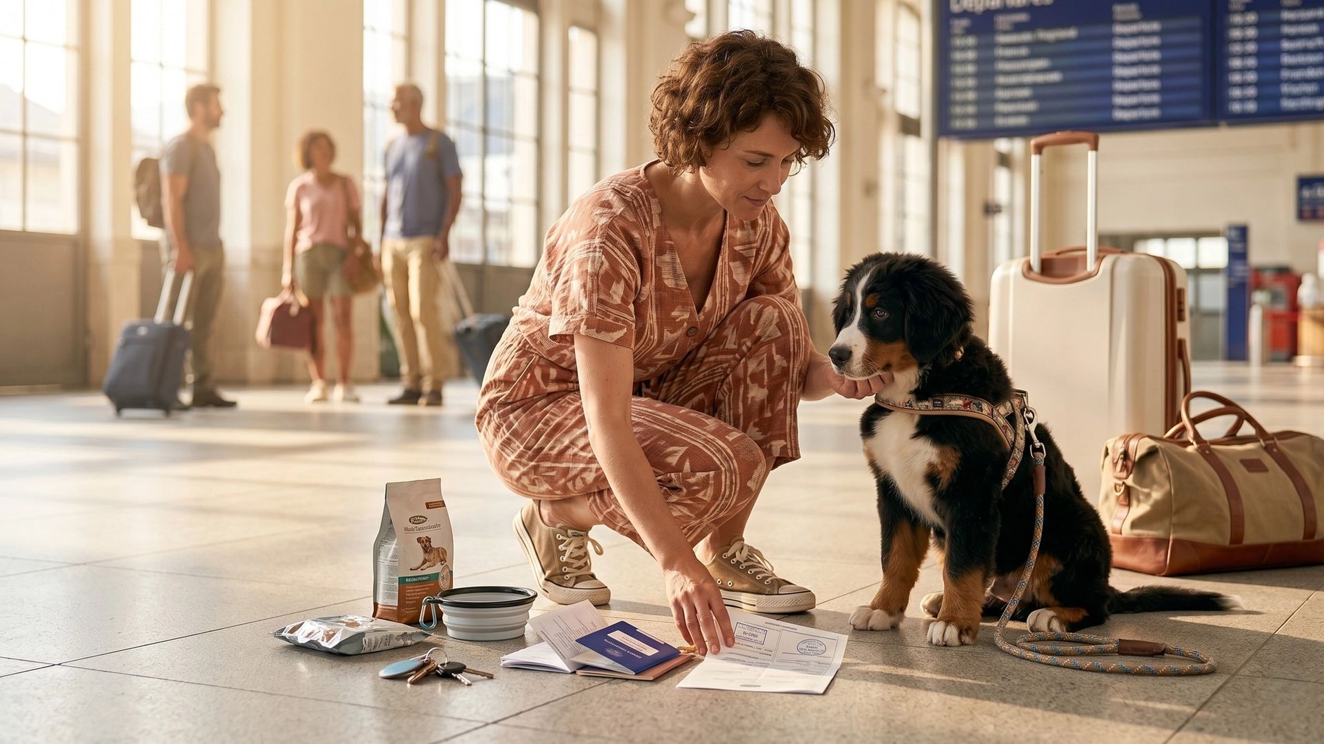 Maître avec son chien dans une gare et le passeport et documents pour voyager