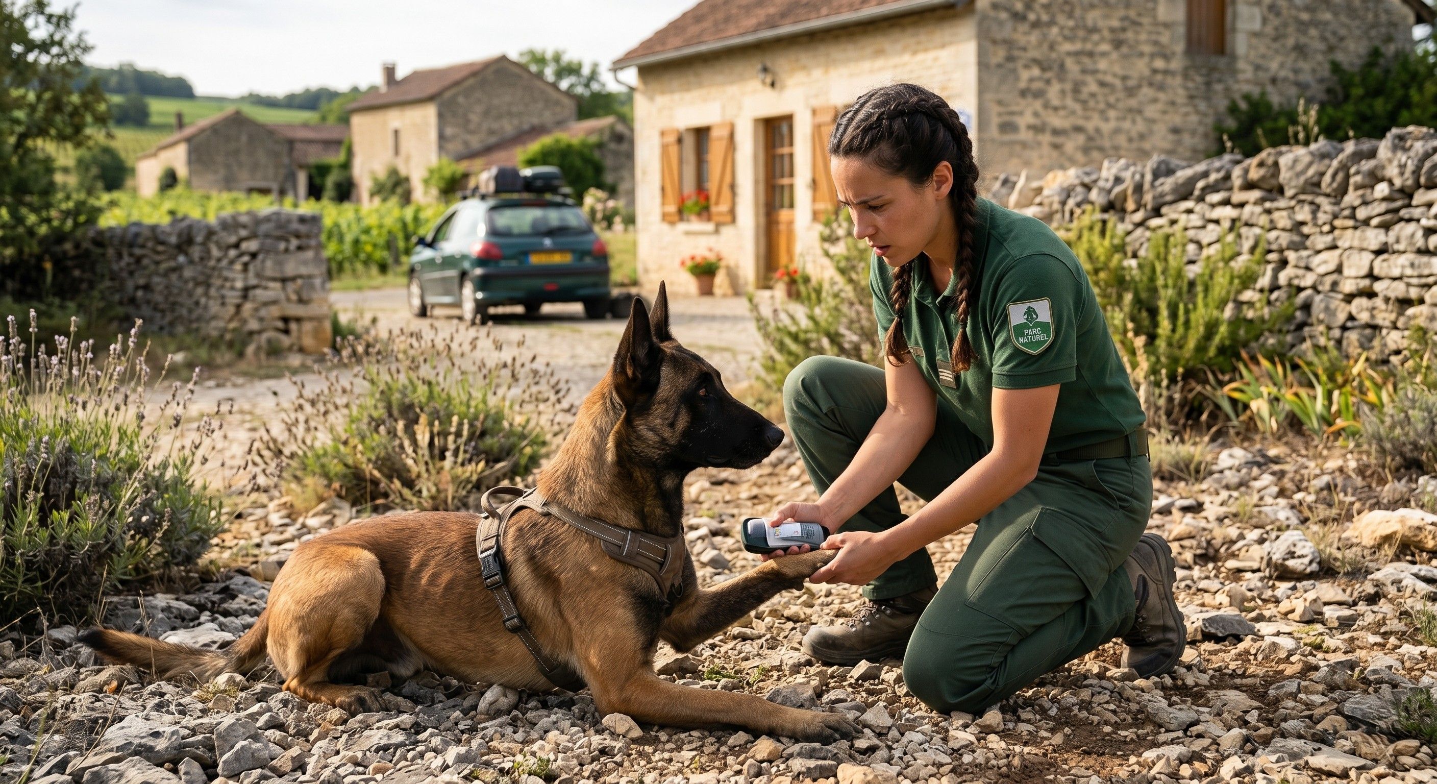 Maitresse soignant son chien d'une morsure de vipère