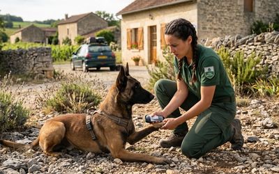 Maitresse soignant son chien d'une morsure de vipère