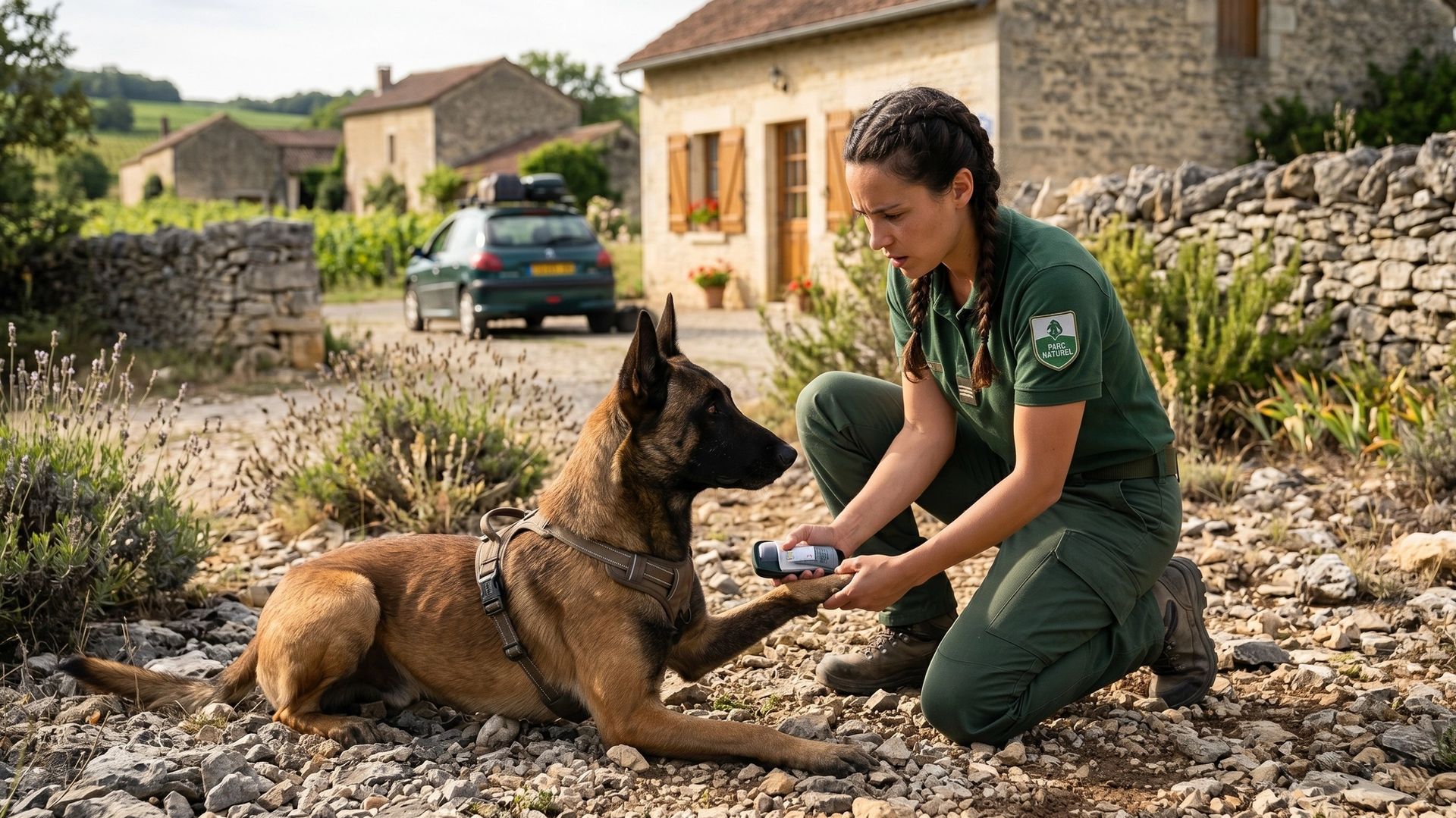 Maitresse soignant son chien d'une morsure de vipère