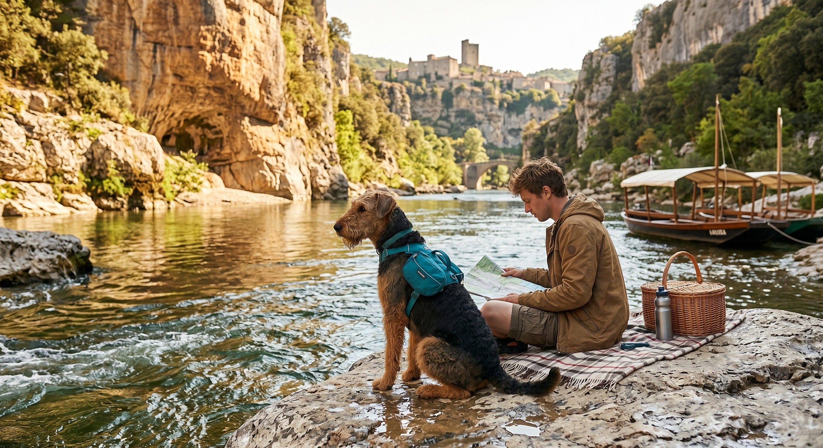 Chien et son maître en vacances en Ardèche près d'une rivière