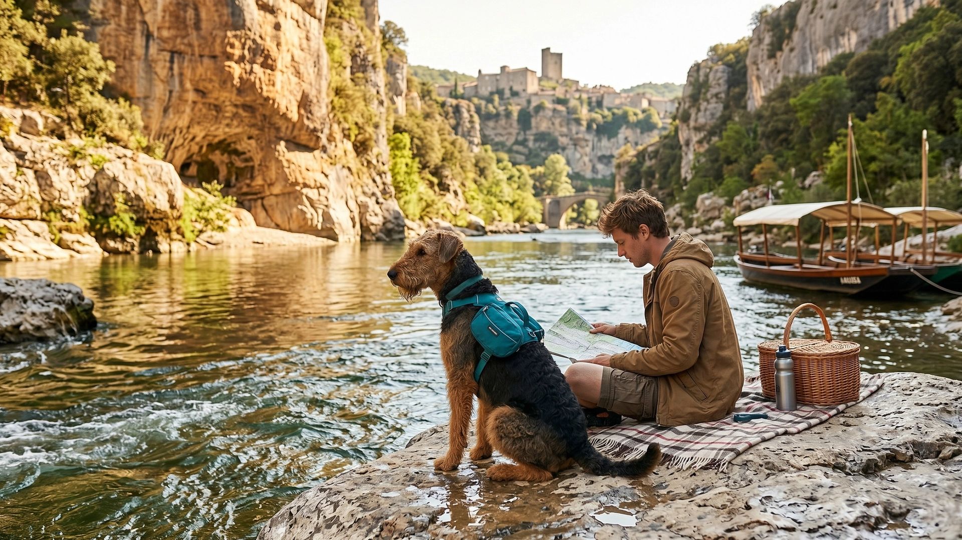 Chien et son maître en vacances en Ardèche près d'une rivière