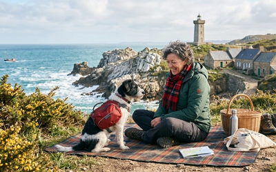 Maîtresse et son chien se promenant en Bretagne