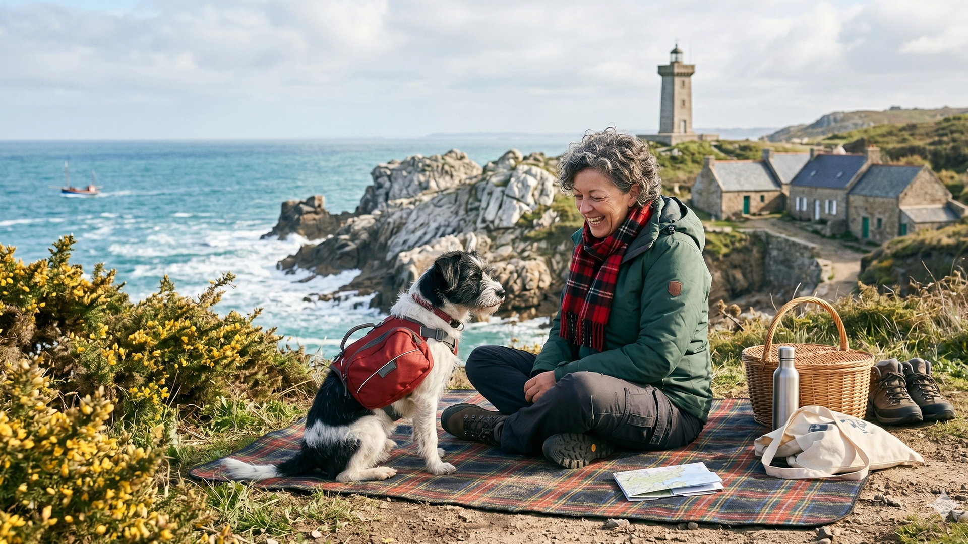 Maîtresse et son chien se promenant en Bretagne