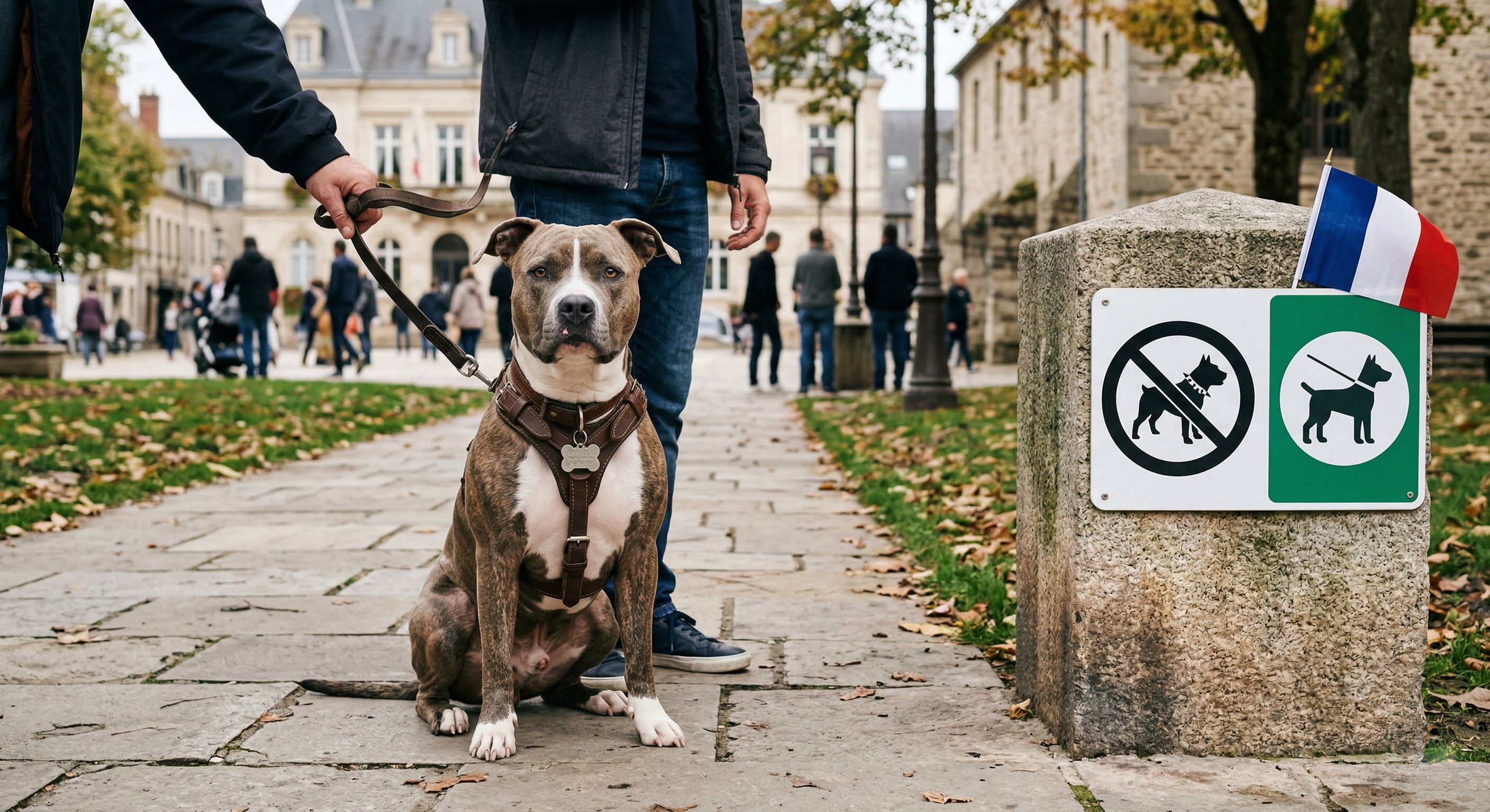 Pitbull en ville tenu en laisse