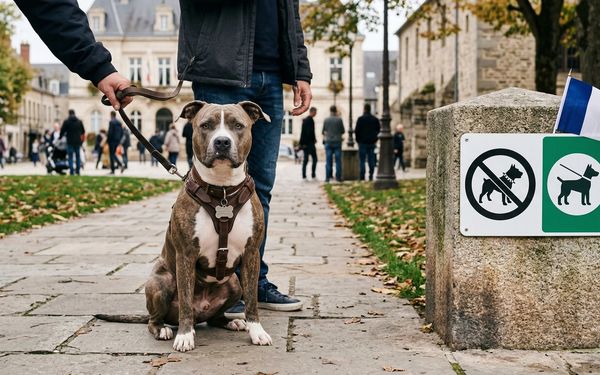 Pitbull en ville tenu en laisse