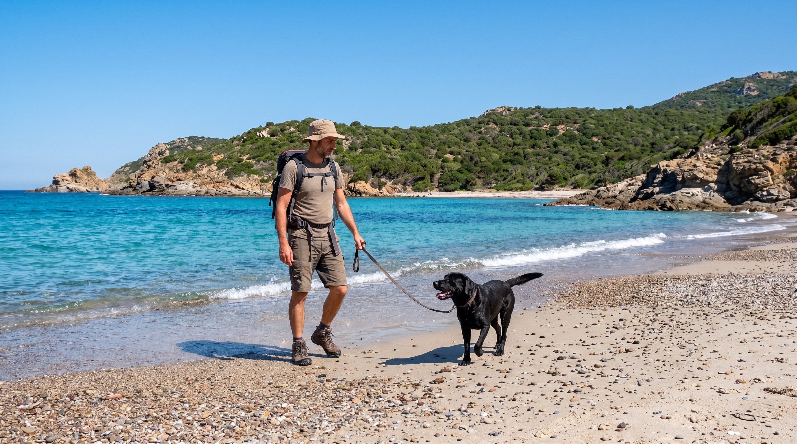 Chien et son maître sur une plage de Corse