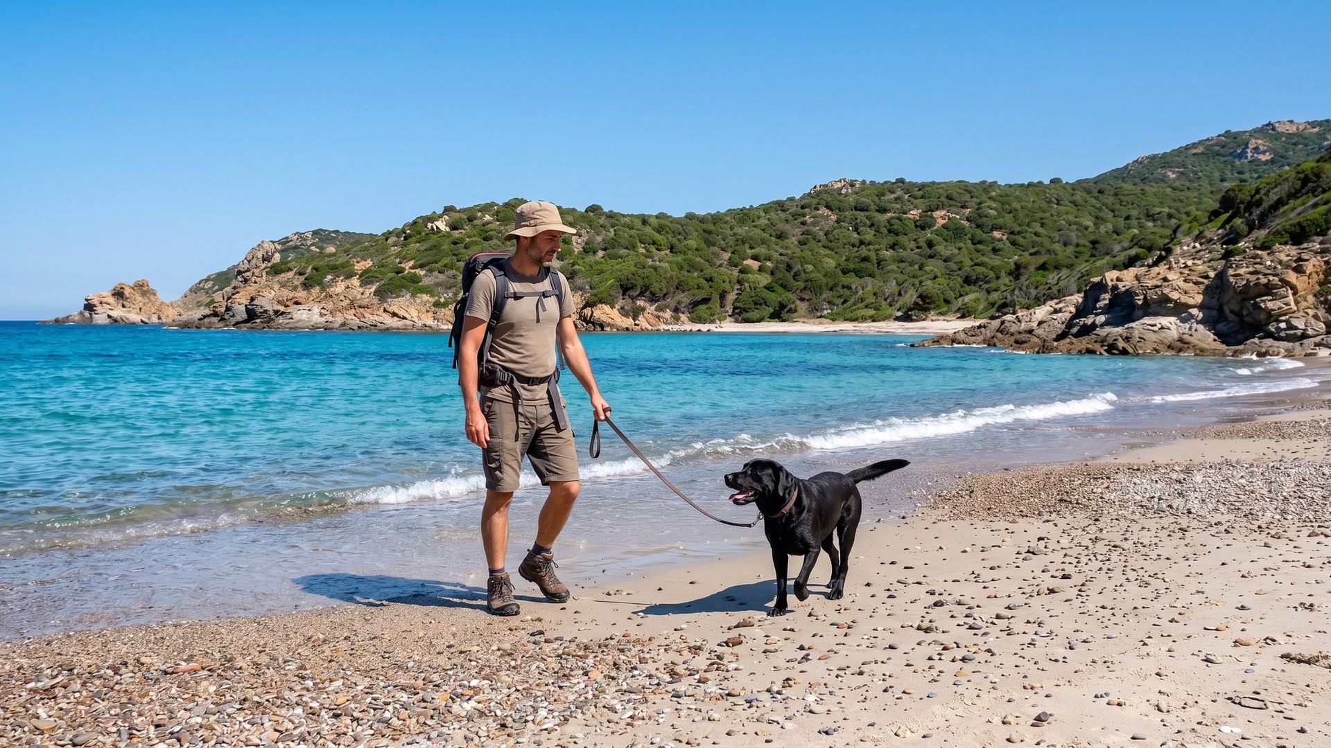 Chien et son maître sur une plage de Corse