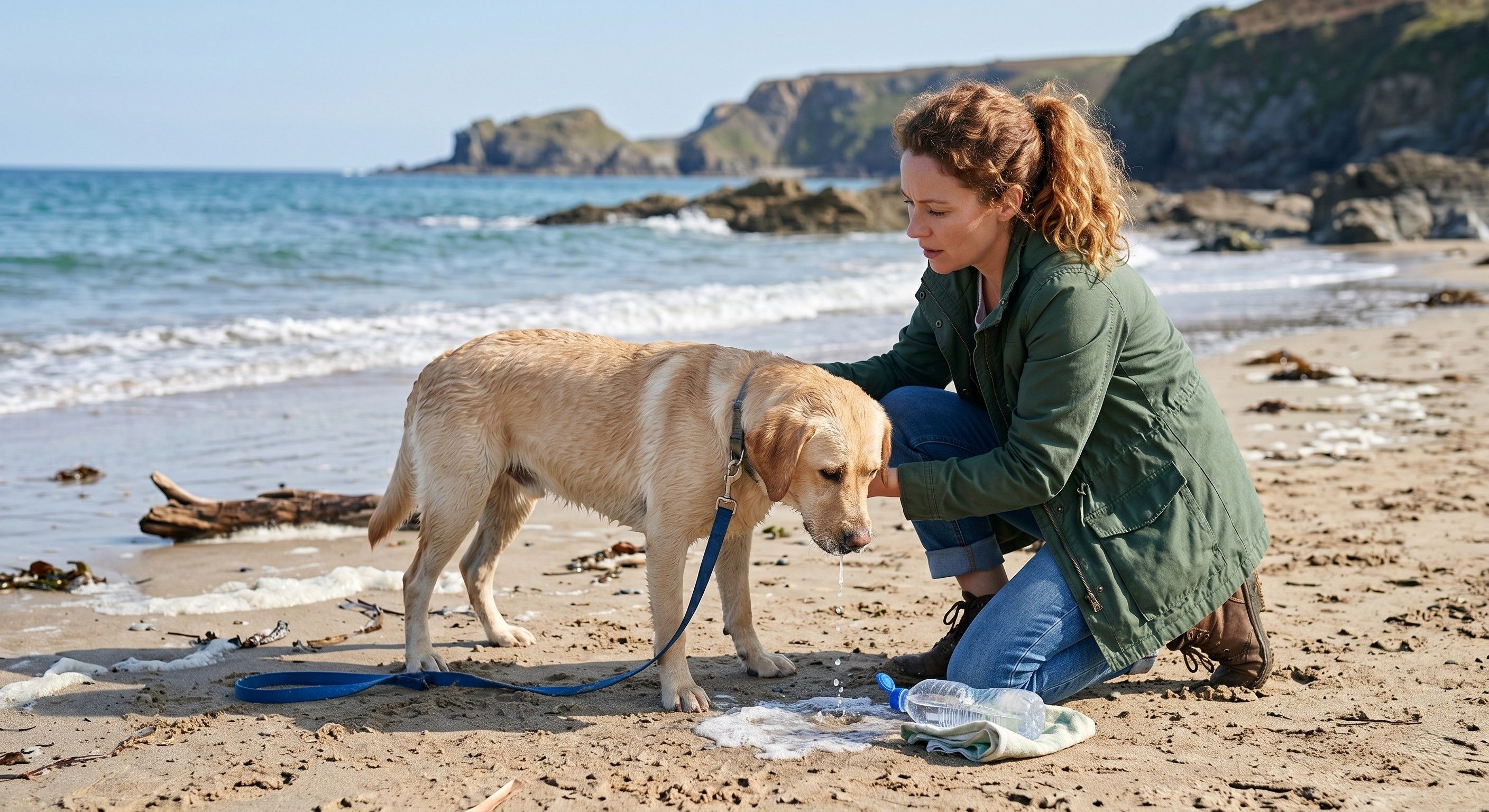 Chien malade sur la plage