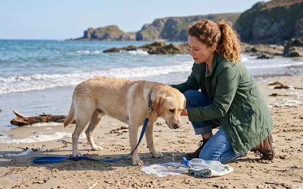 Chien malade sur la plage
