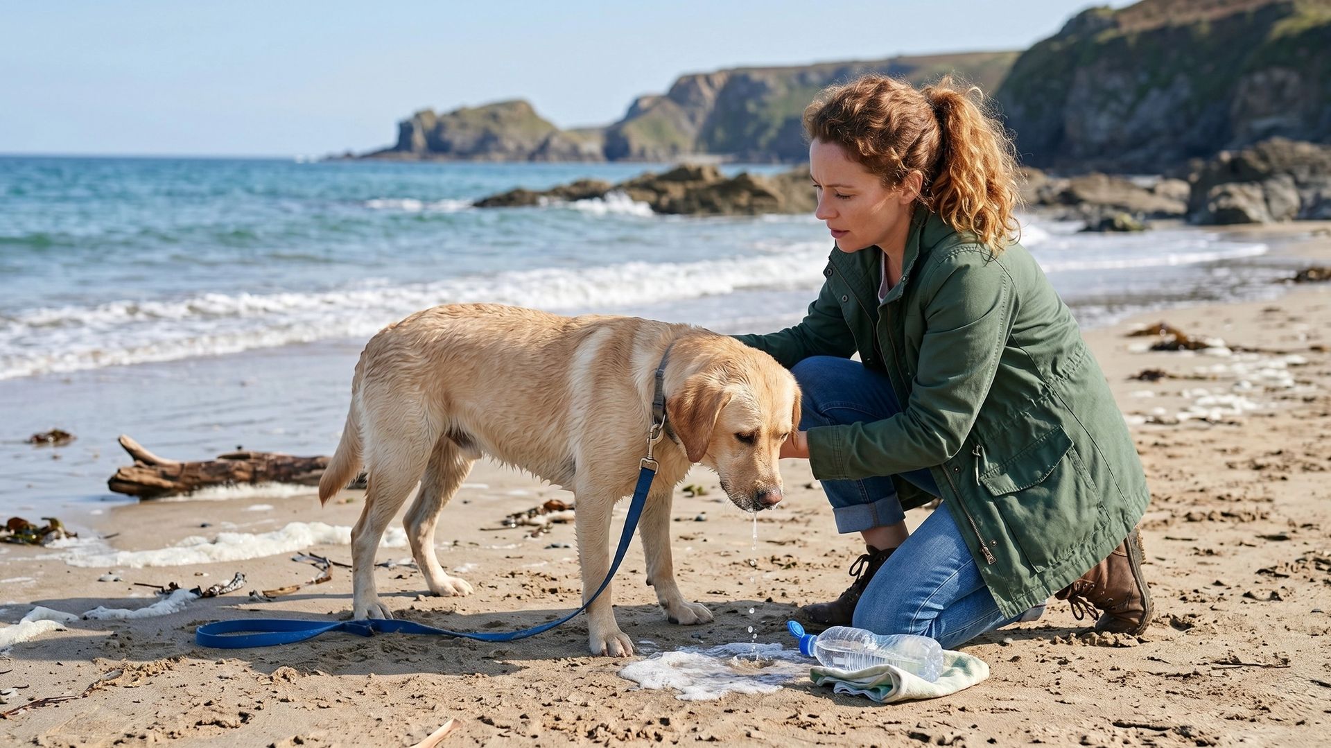 Chien malade sur la plage