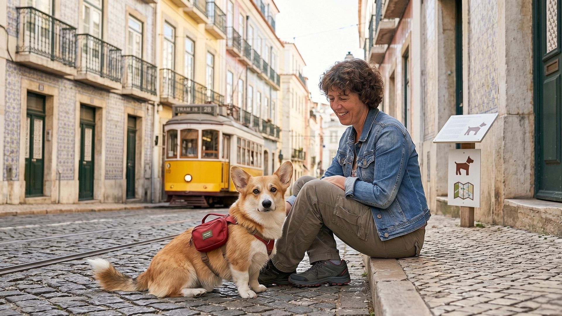 Chien et sa maîtresse en vacances au Portugal