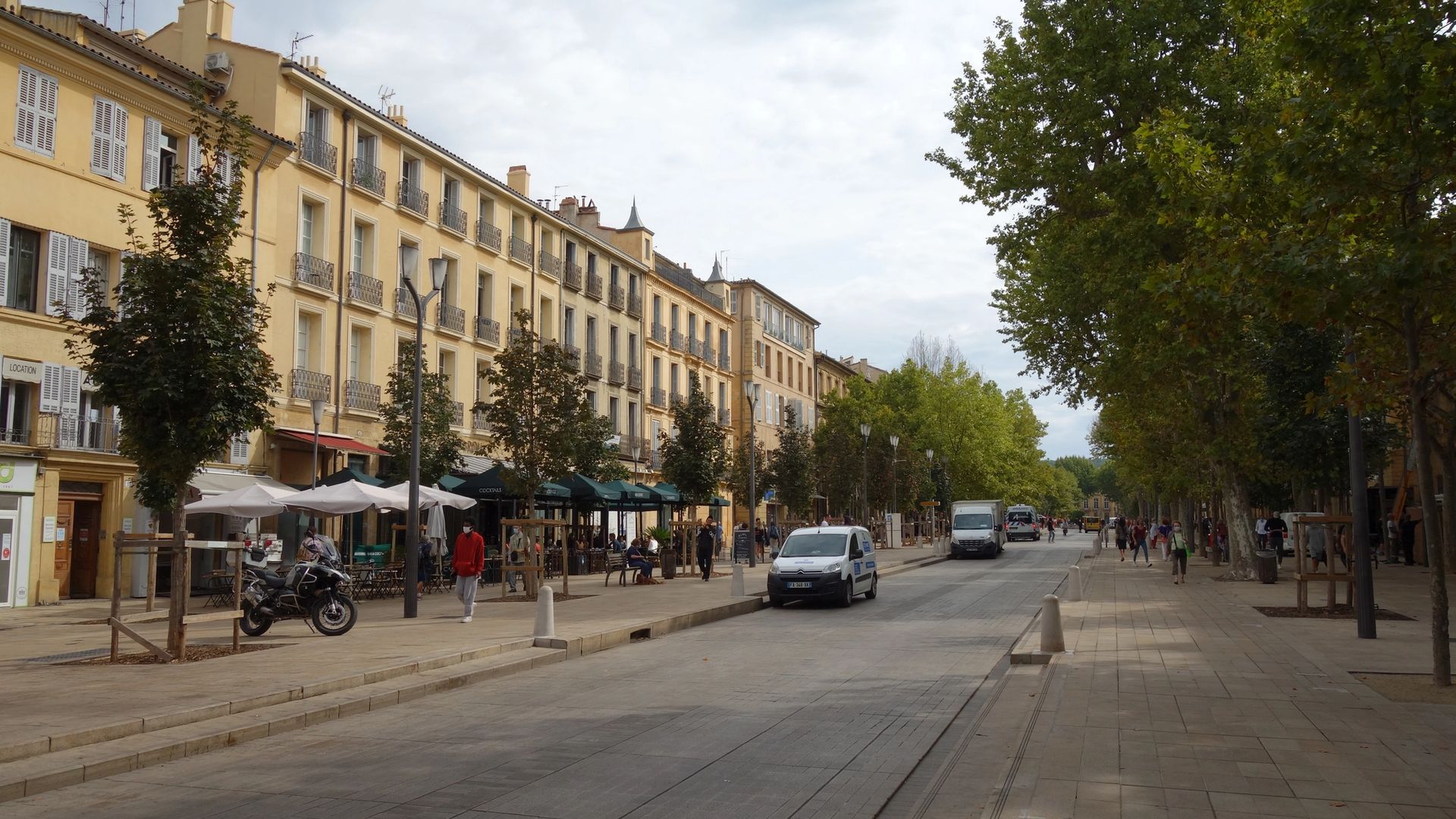 Le Cours Mirabeau bordé de platanes et de terrasses au cœur d'Aix-en-Provence, où les chiens sont admis en laisse