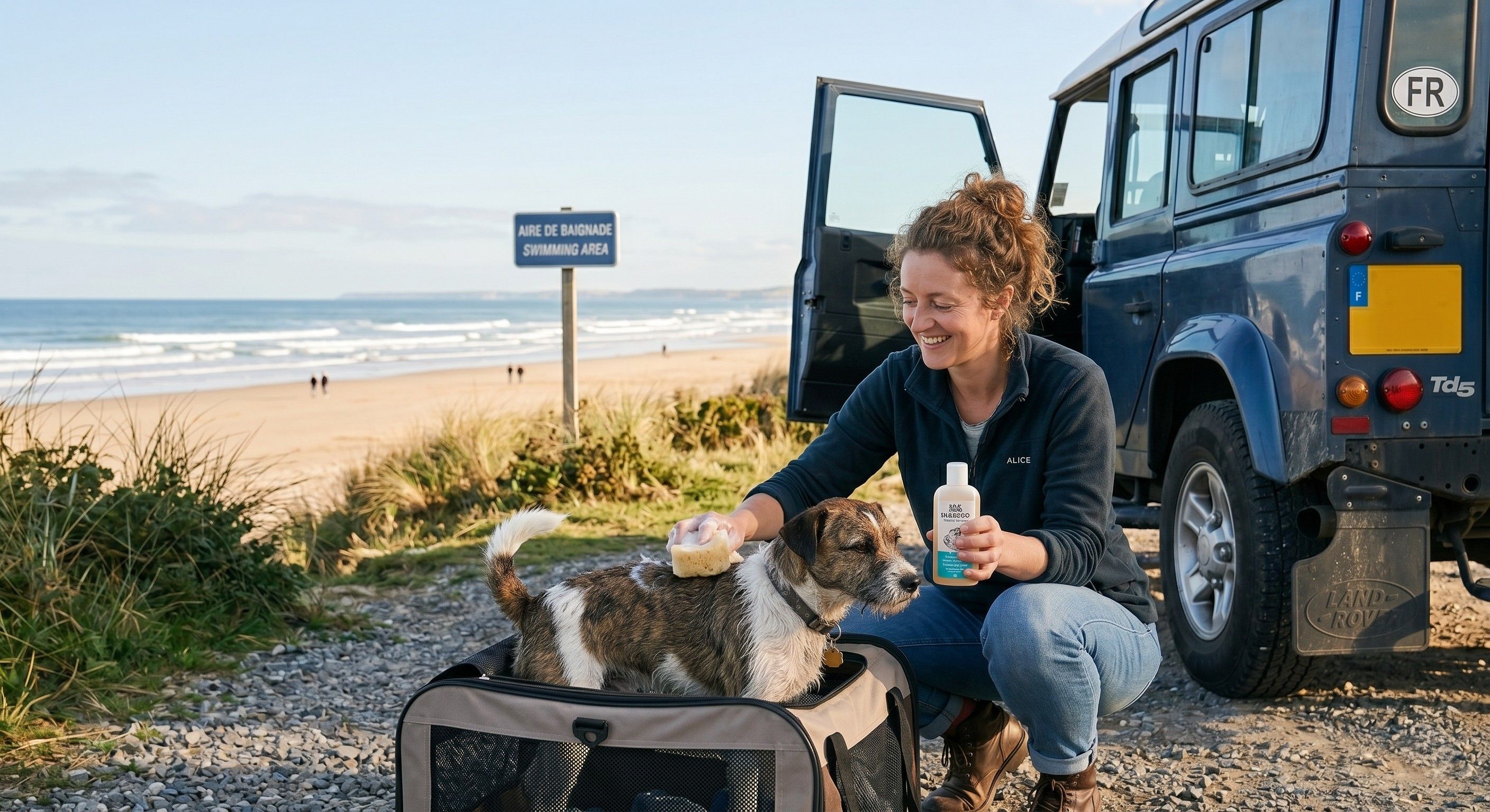 Chien se faisant laver à côté de la plage