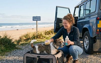 Chien se faisant laver à côté de la plage