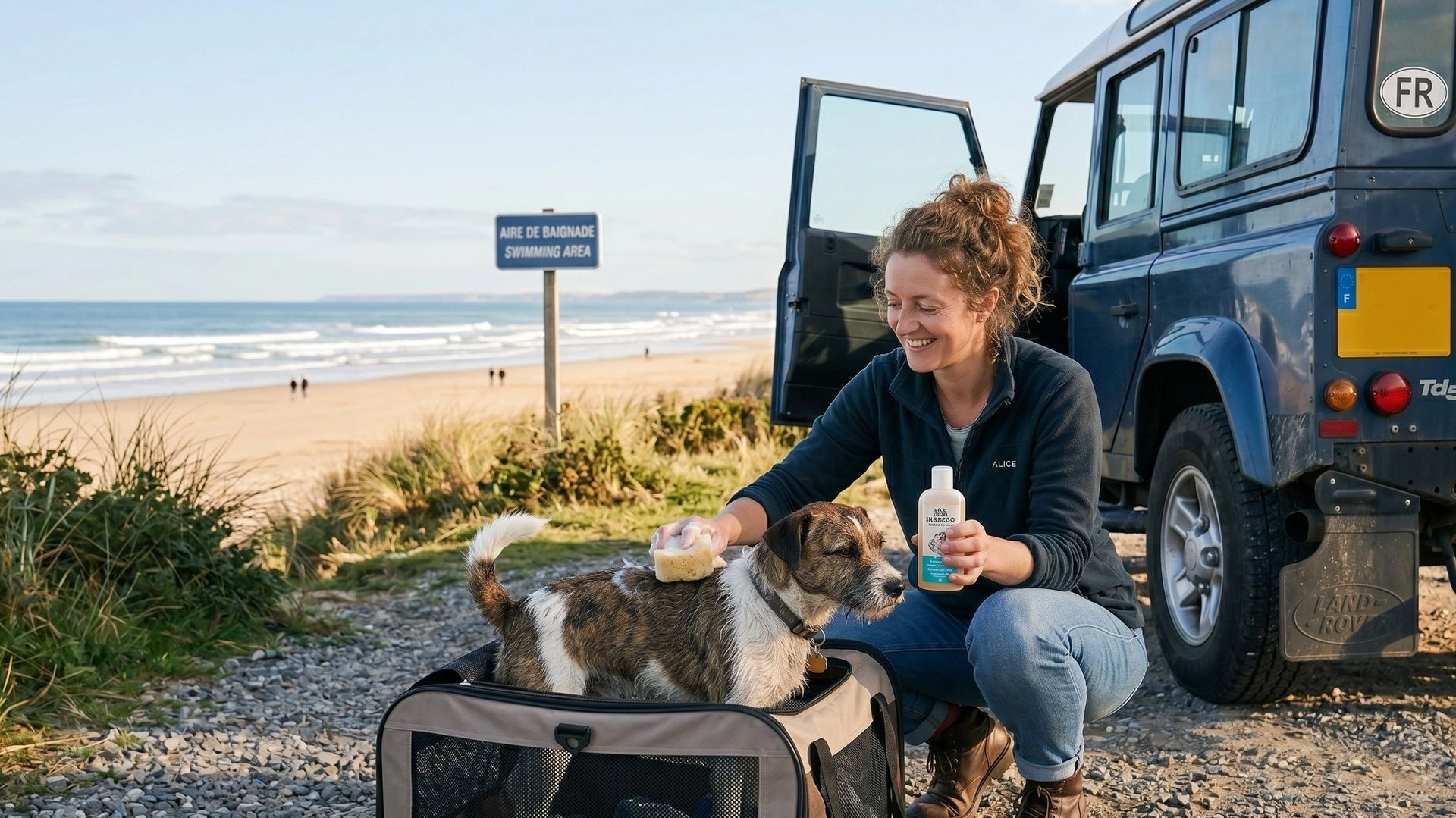 Chien se faisant laver à côté de la plage