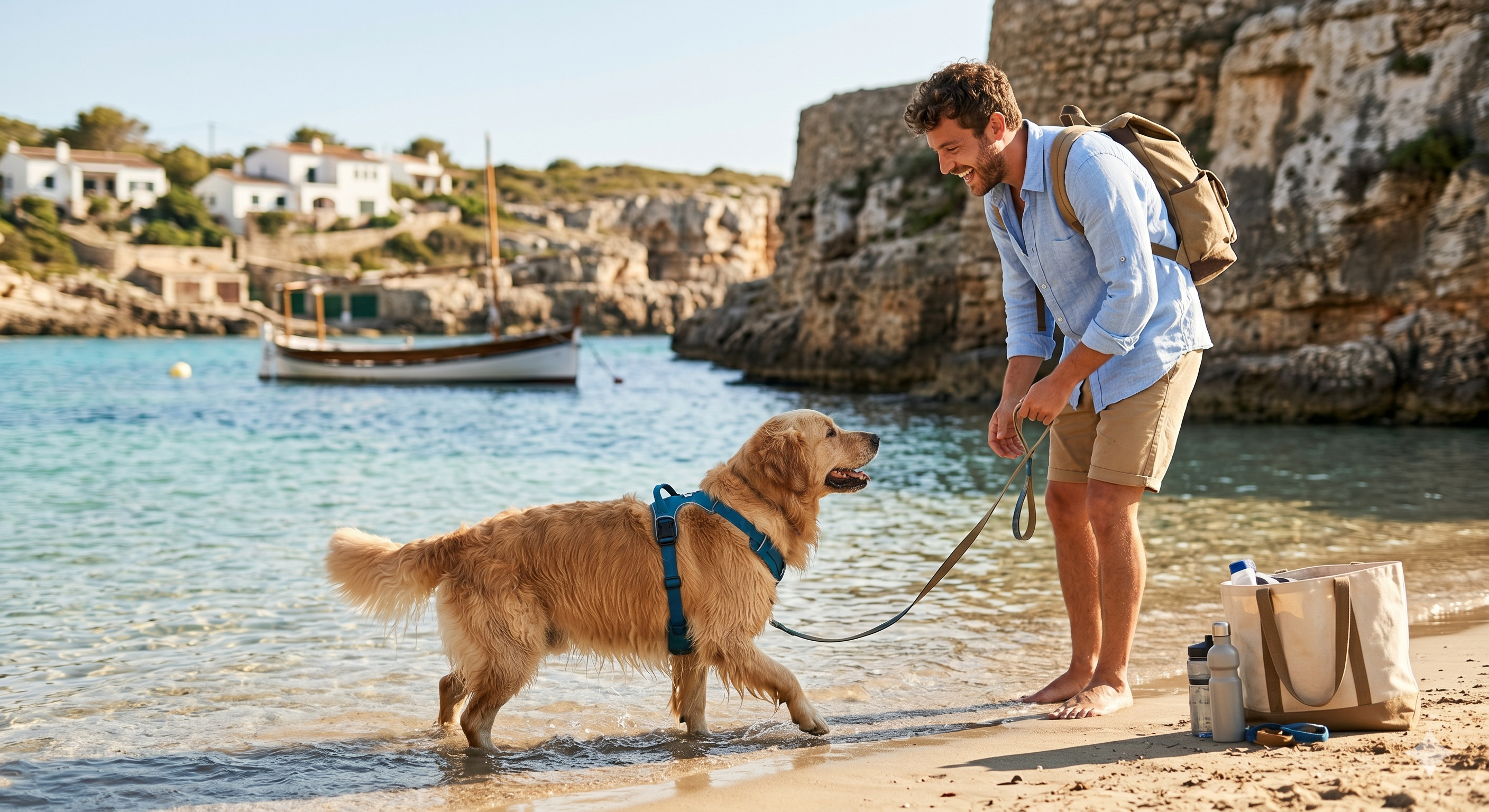 Maître et son chien se promenant sur une plage