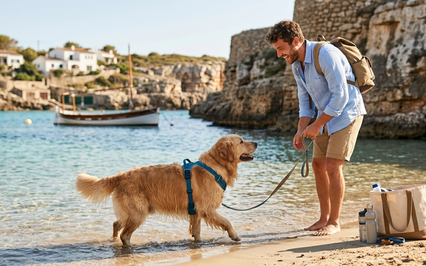 Maître et son chien se promenant sur une plage