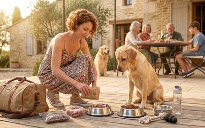Chien devant plusieurs gamelles