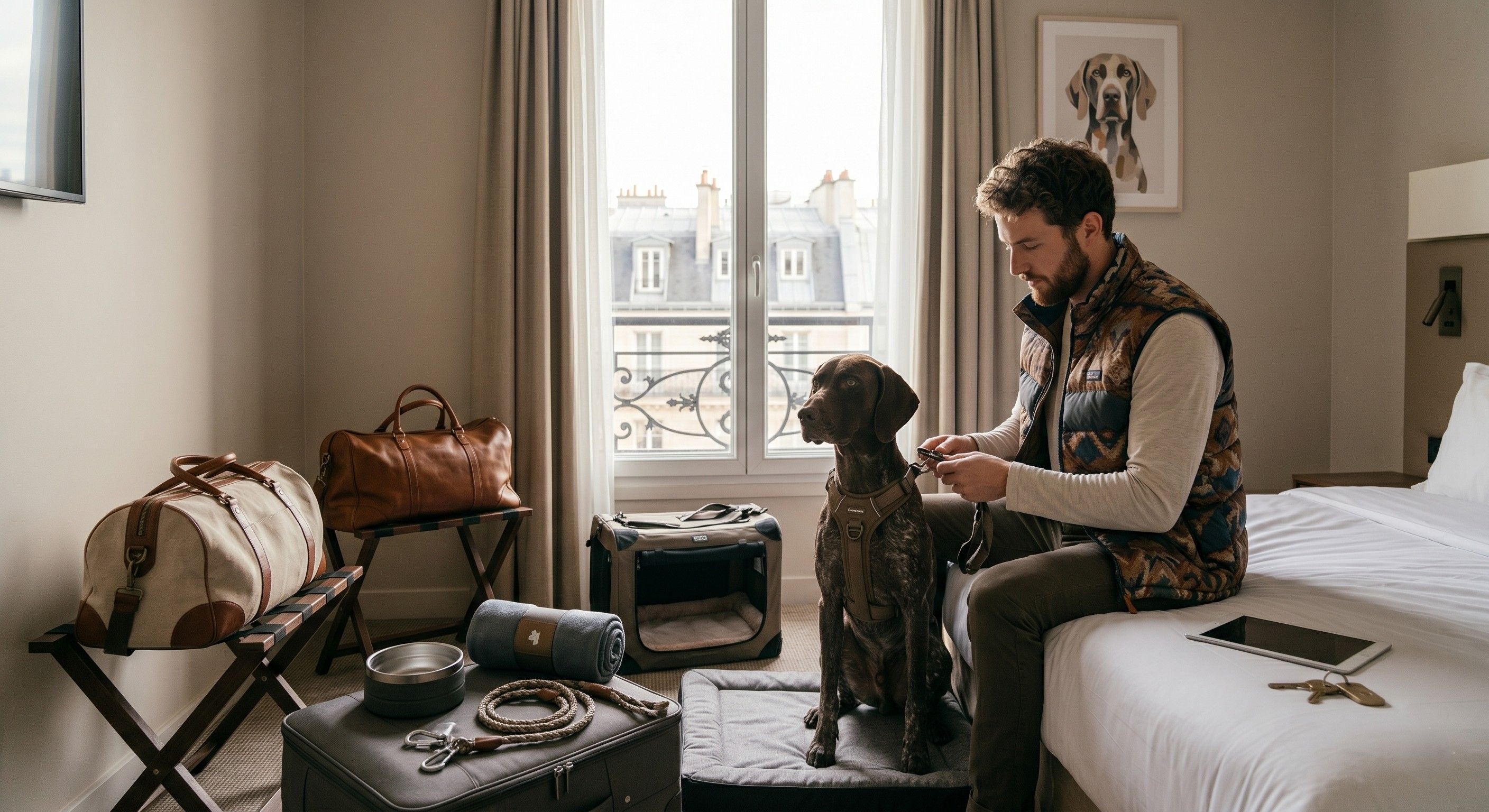 Maître s'occupant de son chien dans une chambre d'hôtel