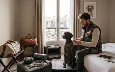 Maître s'occupant de son chien dans une chambre d'hôtel