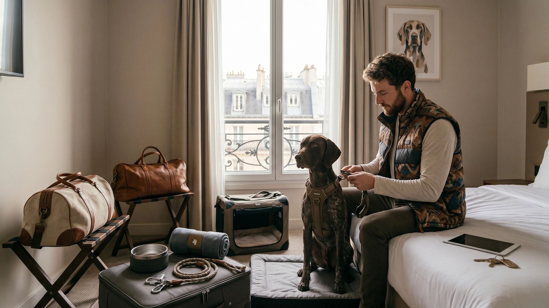 Maître s'occupant de son chien dans une chambre d'hôtel