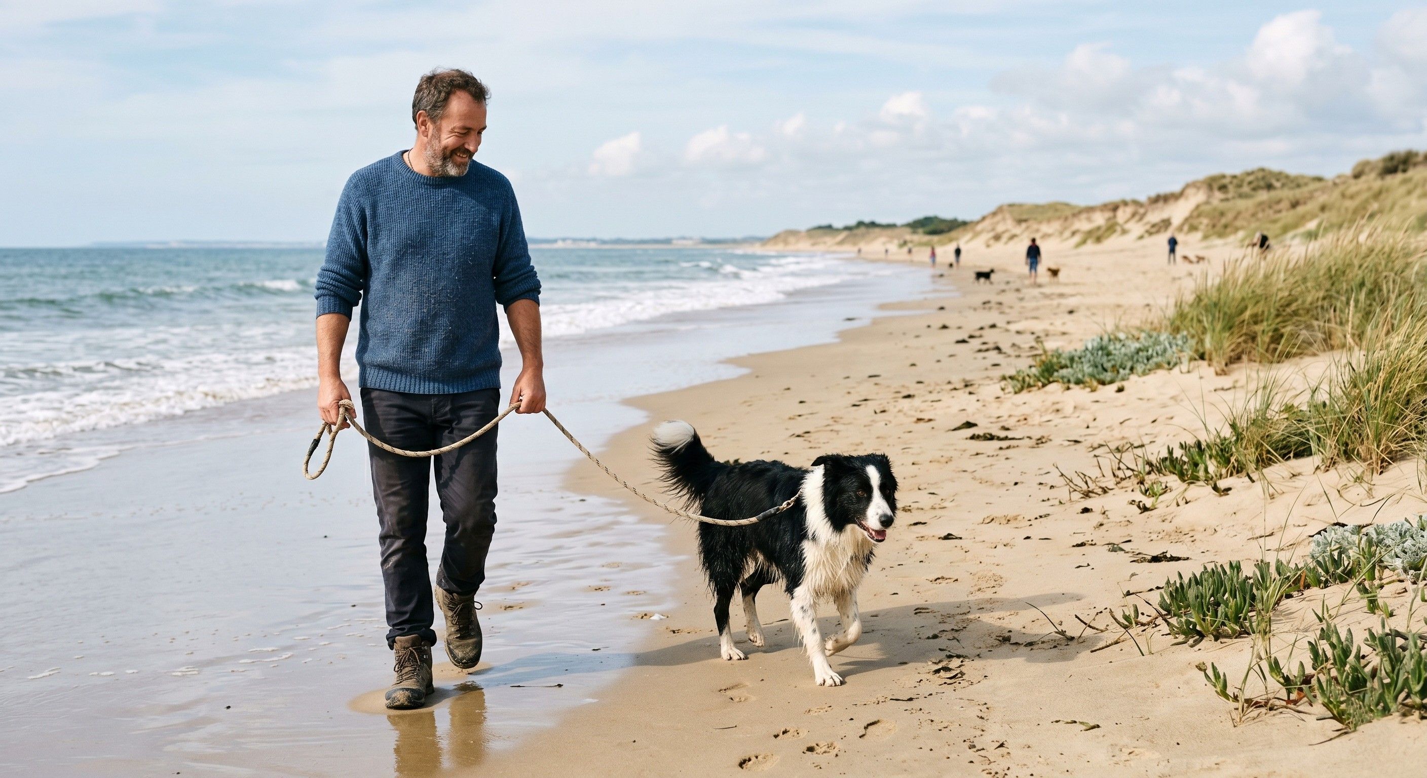 Chien et son maître sur une plage de Loire-Atlantique 