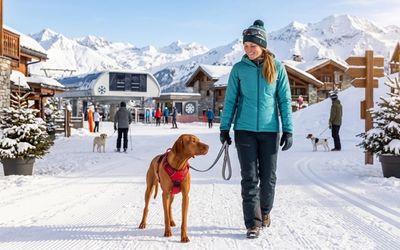 Chien avec sa maîtresse dans une station de ski