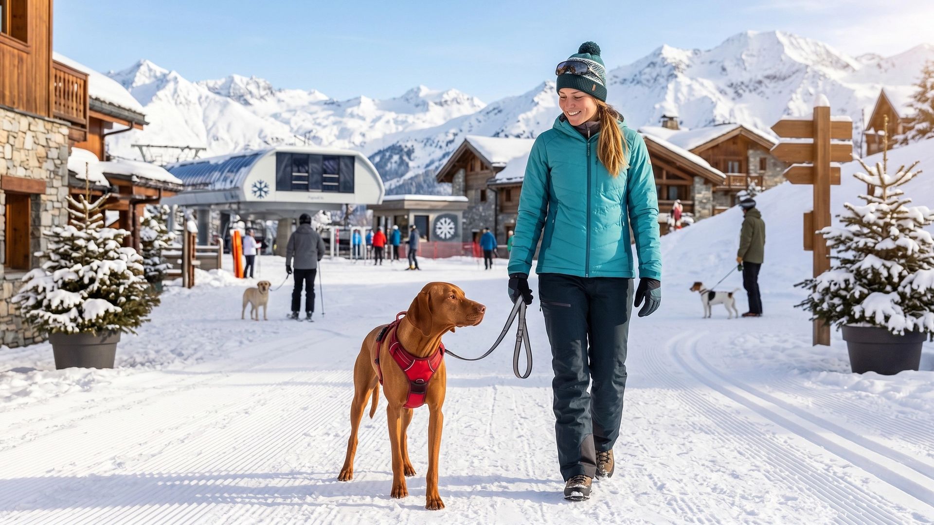 Chien avec sa maîtresse dans une station de ski