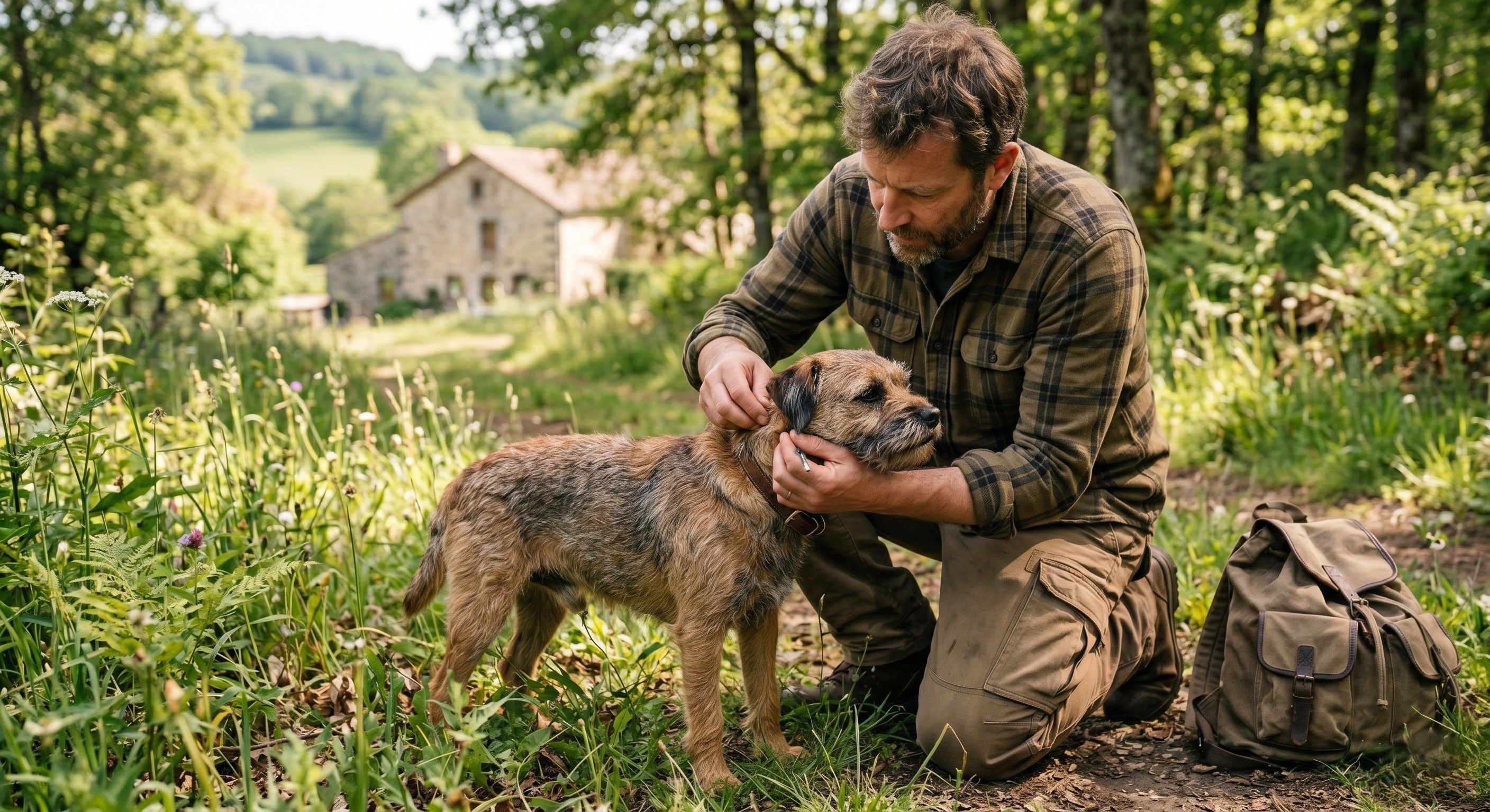 Maître retirant une tique à son chien