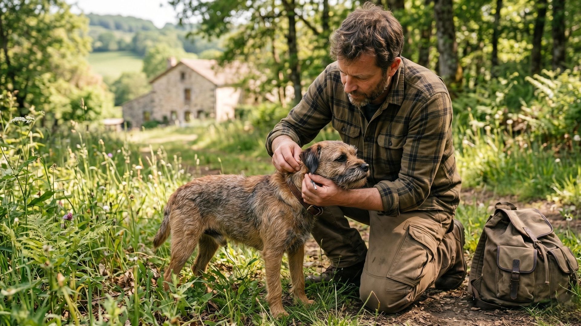 Maître retirant une tique à son chien