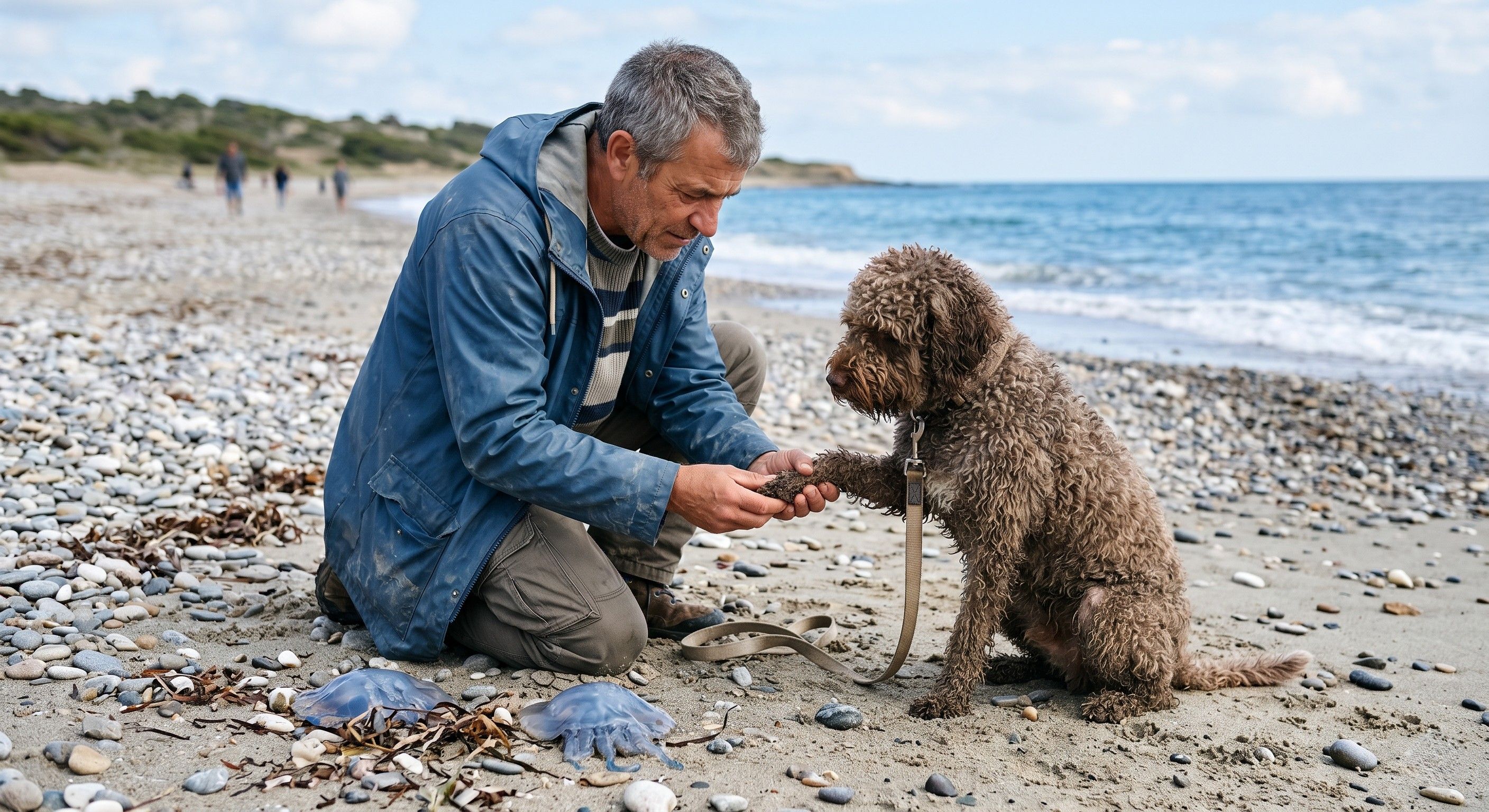 Chien soigné par son maître sur la plage