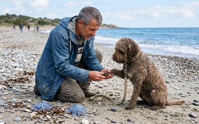 Chien soigné par son maître sur la plage