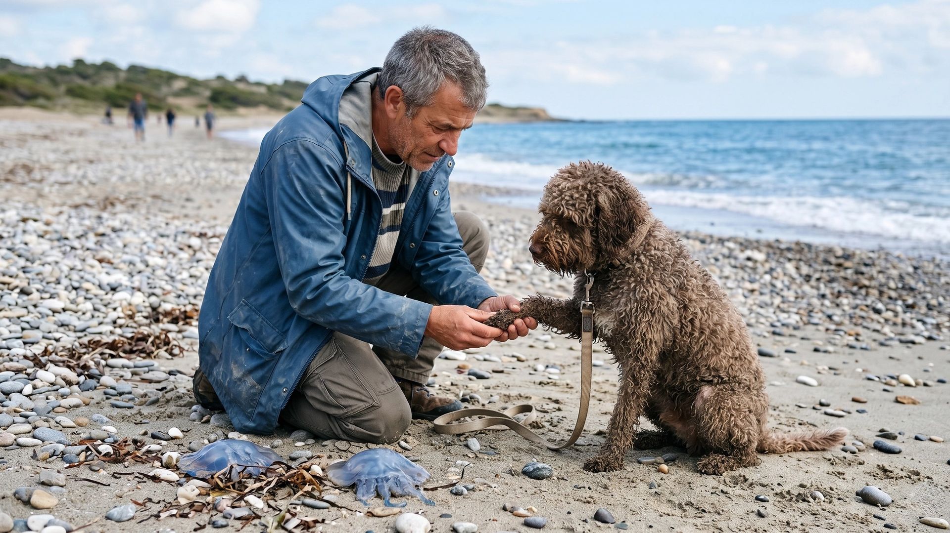 Chien soigné par son maître sur la plage