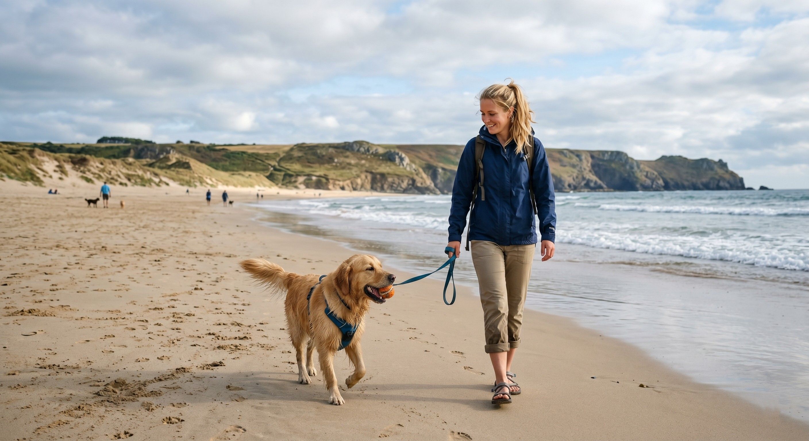 Chien sur la plage avec sa maîtresse