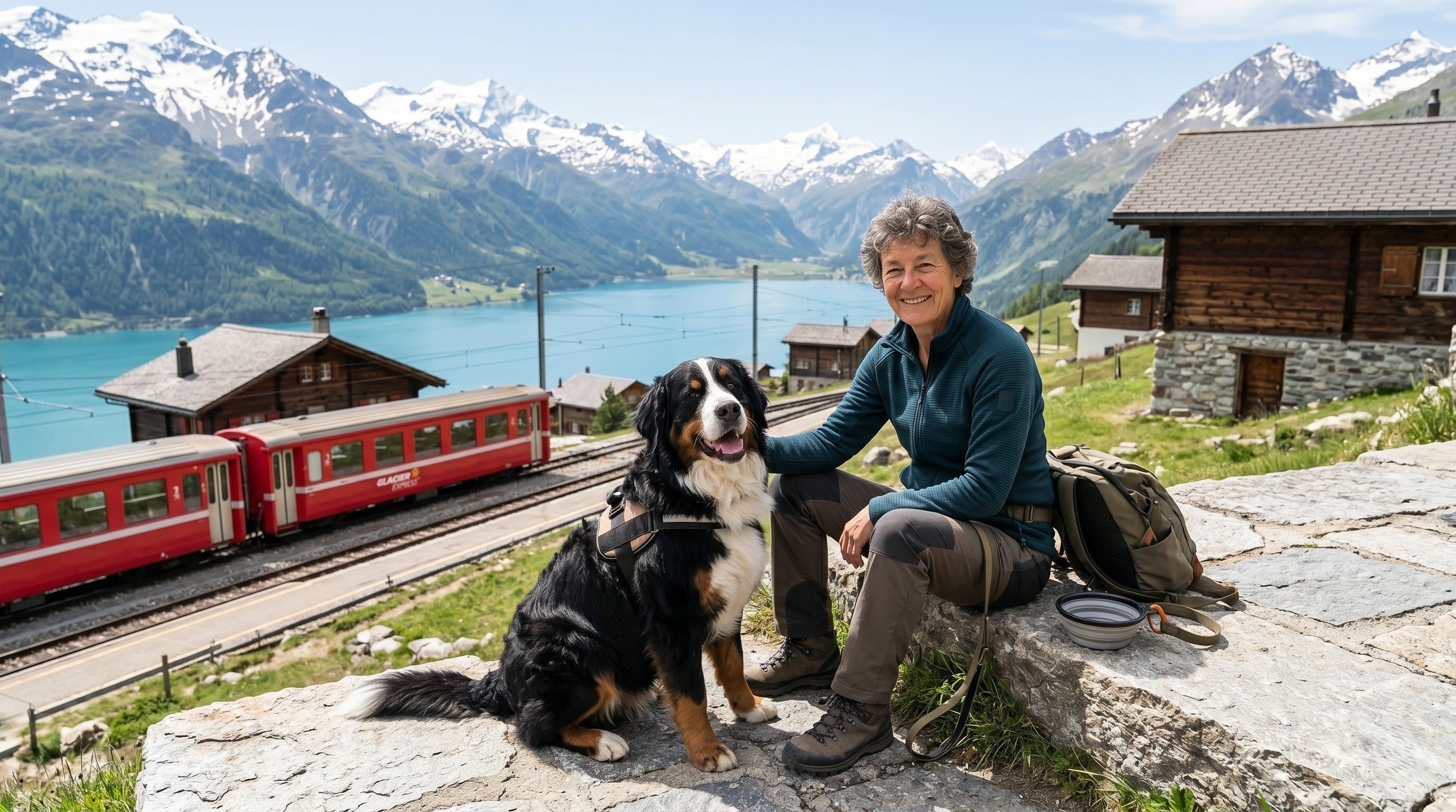 Chien heureux en randonnée dans les montagnes suisses