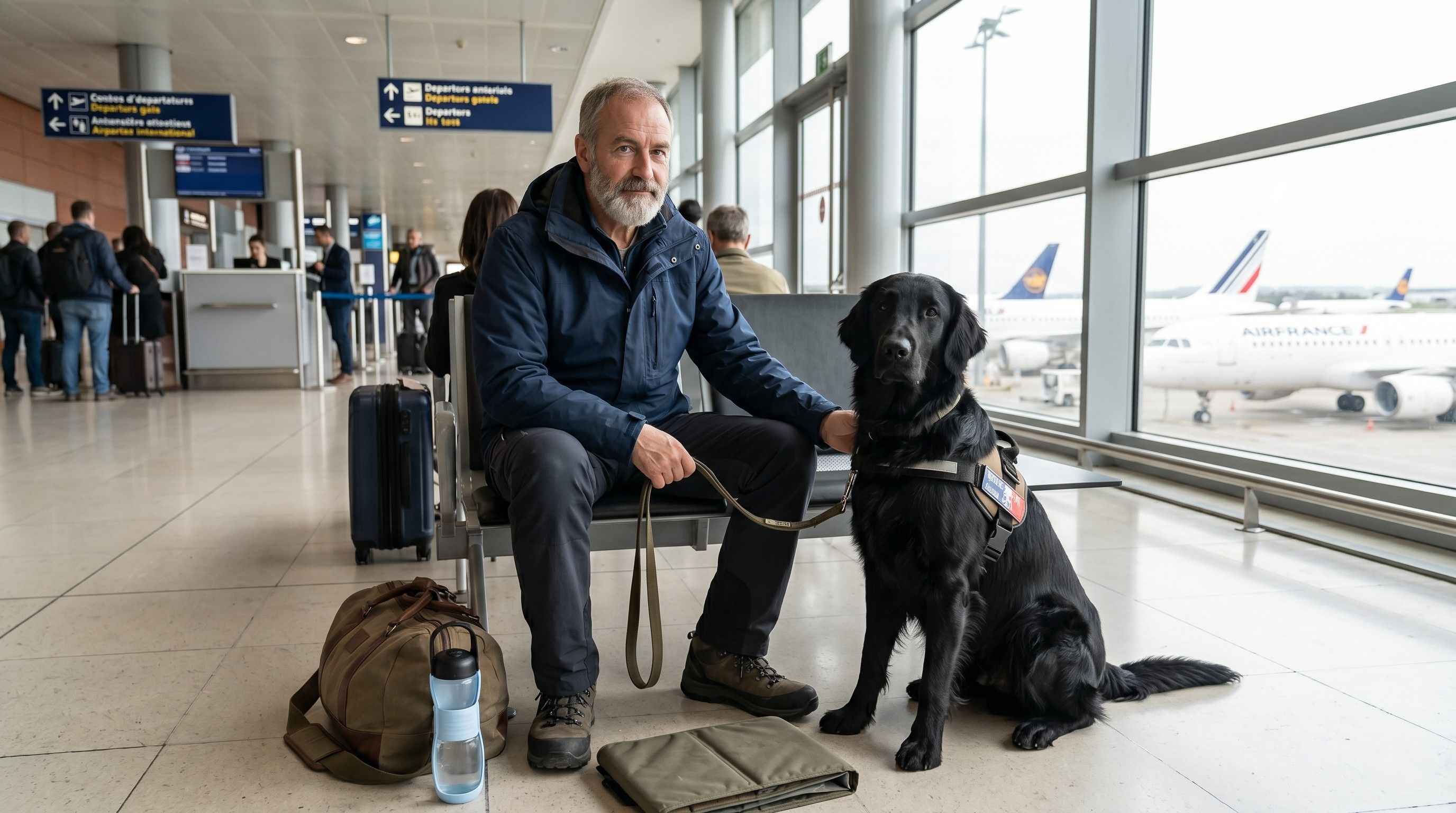 Chien d'assistance et son maître dans un aéroport