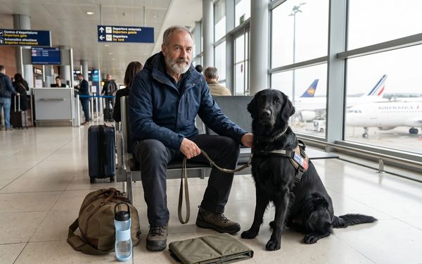 Chien d'assistance et son maître dans un aéroport